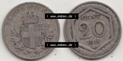 Münzen Italien / Italia Eurovorläufer, Umlaufmünze vor Euroeinführung 1919-1920, 20 Centesimi, Cent, REGNO D'ITALIA 1918 (Stück... Sammlung