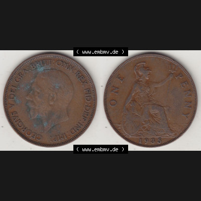 Münzen Großbritannien Eurovorläufer, Umlaufmünze vor Euroeinführung 1928-1936, 1 One Penny, 1935-1, George V. BM GEORGIVS V DEI GRABRITTOMNREX FIDDEFINDIMP.... Sammlung