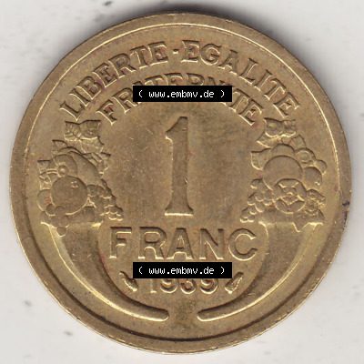 Alte Münzen Frankreich, Kursmünzensatz Zeitraum 1917-1952, der Münze 1931-1941, 1 Franken, Franc, 1939. Rückseite einer Münze... Sammlung