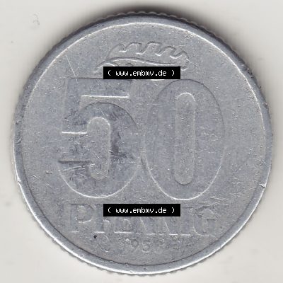 Münzen Deutschland DDR 1958-1990, A 50 Pfennig 1958-1 der DDR-Mark. Rückseite einer 50 Pfennig Münze / Umlaufmünze aus Deutschland der ehemaligen DDR in Europa als... Sammlung