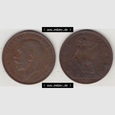 Münzen Großbritannien Eurovorläufer, Umlaufmünze vor Euroeinführung 1927-1927, 1 One Penny, 1927-1, George V, BM GEORGIVS V DEI GRABRITTOMNREX FIDDEFINDIMP.... Sammlung