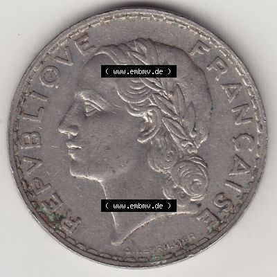 Münzen Frankreich Eurovorläufer, Umlaufmünze vor Euroeinführung 1933-1938, 5 Franken - Francs RF 1933. Vorderseite einer Münze aus Europa als Digitales Bild... Sammlung