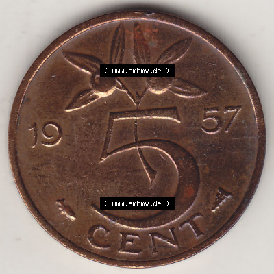 Münzen Niederlande / Netherlands Eurovorläufer, Umlaufmünze vor Euroeinführung 1950-1980, 5 Cent 1957, Königin Juliana (2) Sammlung