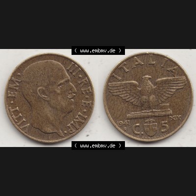 Münzen Italien / Italia Eurovorläufer, Umlaufmünze vor Euroeinführung 1939-1943, 5 Centesimi, Cent, Viktor Emanuel III. C.5 G ROMAGNOLI ITALIA... Sammlung