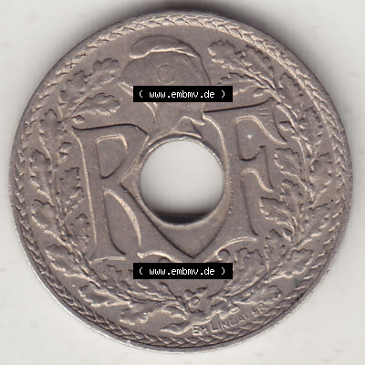 Alte Münzen Frankreich, Kursmünzensatz Zeitraum 1917-1952, der Münze 1920-1938, 5 Cmes, Centimes 1937 (Stück 1). Vorderseite... Sammlung