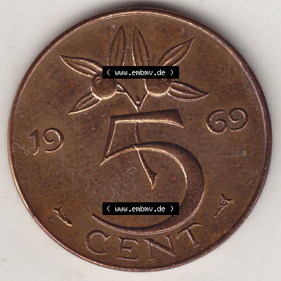 Münzen Niederlande / Netherlands Eurovorläufer, Umlaufmünze vor Euroeinführung 1950-1980, 5 Cent 1969, Königin Juliana (2) Sammlung