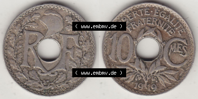 Rückseite und Vorderseite horizontal nebeneinander zusammengefügt, als Bildmaterial einer 10 Cmes / Centimes / Cent Münze aus... Sammlung