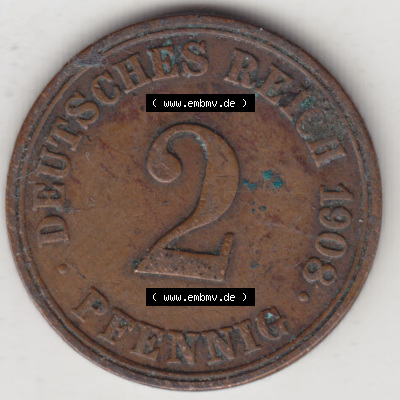 Münzen Deutschland 1871-1918 Kaiserreich 1904-1916, 2 Pfennig A, 1908 II (1) Sammlung