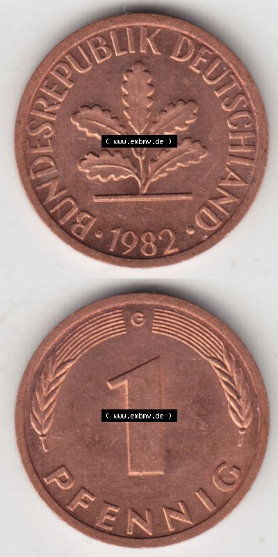 Münzen Deutschland 1 Pfennig-Deutsche Mark 1950-2001, 1 Pfennig 1982 G. Vorderseite und Rückseite in vertikaler Ansicht, einer... Sammlung
