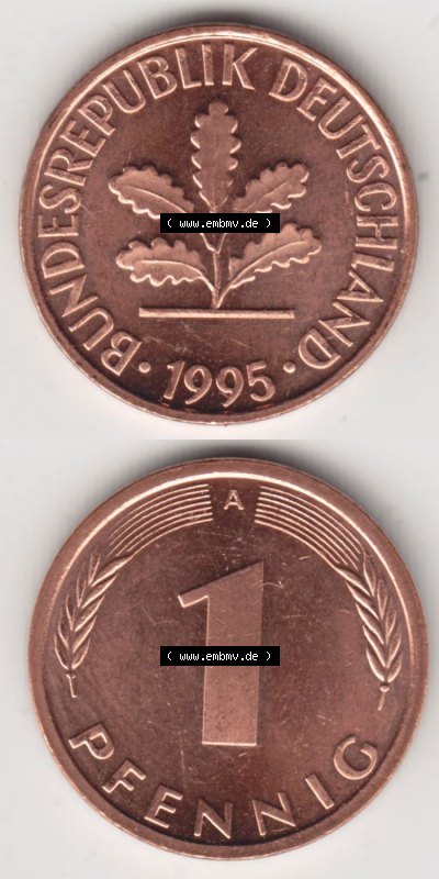 Münzen Deutschland 1 Pfennig-Deutsche Mark 1991-2001, 1 Pfennig 1995 A. Vorderseite und Rückseite in vertikaler Ansicht, einer... Sammlung