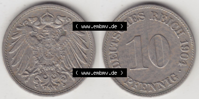 Münzen Deutschland 1871-1918 Kaiserreich 1890-1916, 10 Pfennig D, 1904 (3) Sammlung