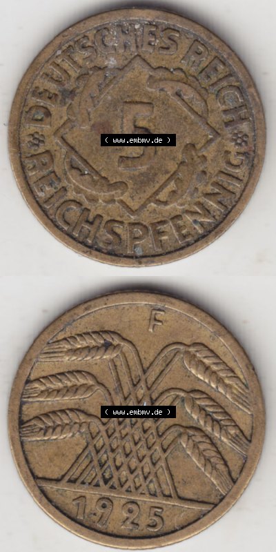 Münzen Deutschland 1918-1932 Weimarer Republik 1924-1936, 5 Reichspfennig F, 1925 (4) Sammlung