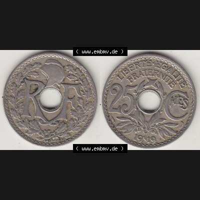 Münzen Frankreich Eurovorläufer, Umlaufmünze vor Euroeinführung 1917-1937, 25 Cmes, Centimes 1919-1 LIBERTE EGALITE FRATERNITE. Rückseite und Vorderseite... Sammlung