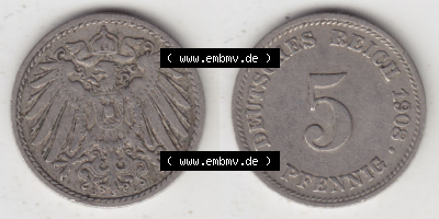 Münzen Deutschland 1871-1918 Kaiserreich 1890-1915, 5 Pfennig D, 1908 (3) Sammlung