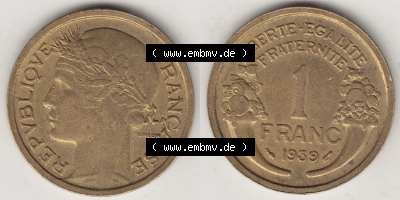 Münzen Frankreich Eurovorläufer, Umlaufmünze vor Euroeinführung 1931-1941, 1 Franken, 1 Franc, 1939 (Stück 1) LIBERTE EGALITE... Sammlung