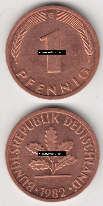 Münzen Deutschland 1 Pfennig-Deutsche Mark 1950-2001, 1 Pfennig 1982 G. Bildmaterial mit Rückseite und Vorderseite in vertikaler... Sammlung