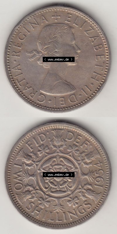 Münzen Großbritannien Eurovorläufer, Umlaufmünze vor Euroeinführung 1954-1970, 2 Schilling - Shillings 1954 (Stück 2). Vorderseite... Sammlung