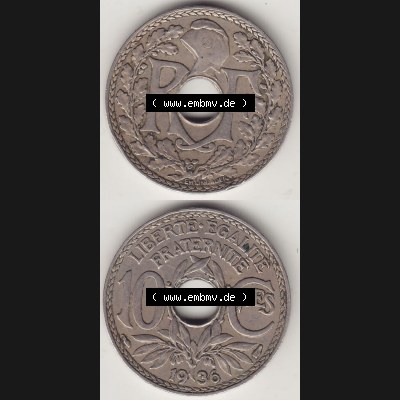 Münzen Frankreich Eurovorläufer, Umlaufmünze vor Euroeinführung 1917-1938, 10 Centimes - Cmes 1936. Vorderseite und Rückseite Vertikal Untereinander, passend... Sammlung