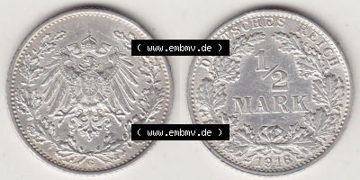 Münzen Deutschland 1871-1918 Kaiserreich Silbermünze 1905-1919, 1/2 Mark G 1916. Vorderseite und Rückseite Nebeneinander einer... Sammlung