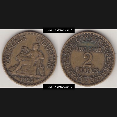 Münzen Frankreich Eurovorläufer, Umlaufmünze vor Euroeinführung 1920-1927, 2 Francs - Franken 1923. Vorderseite und Rückseite Nebeneinander einer Münze... Sammlung