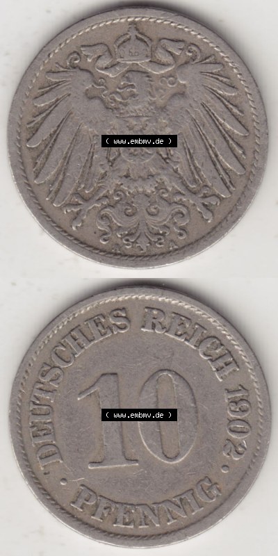 Münzen Deutschland 1871-1918 Kaiserreich 1890-1916, 10 Pfennig A, 1902 (4) Sammlung