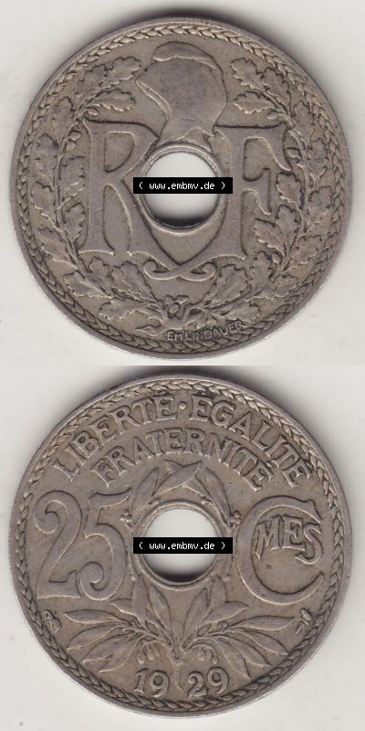 Münzen Frankreich Eurovorläufer, Umlaufmünze vor Euroeinführung 1917-1937, 25 Cmes, Centimes 1929 (Stück 1) LIBERTE EGALITE... Sammlung