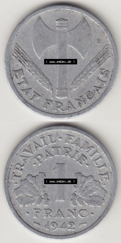 Münzen Frankreich Eurovorläufer, Umlaufmünze vor Euroeinführung 1942-1944, 1 Franken - Francs 1942. Vorderseite und Rückseite... Sammlung
