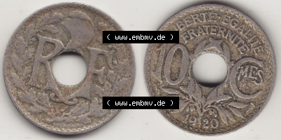 Münzen Frankreich Eurovorläufer, Umlaufmünze vor Euroeinführung 1917-1938, 10 Centimes - Cmes 1920. Vorderseite und Rückseite... Sammlung