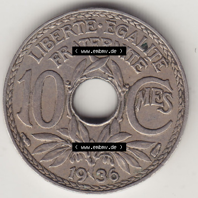 Münzen Frankreich Eurovorläufer, Umlaufmünze vor Euroeinführung 1917-1938, 10 Centimes - Cmes 1936. Rückseite einer Münze... Sammlung