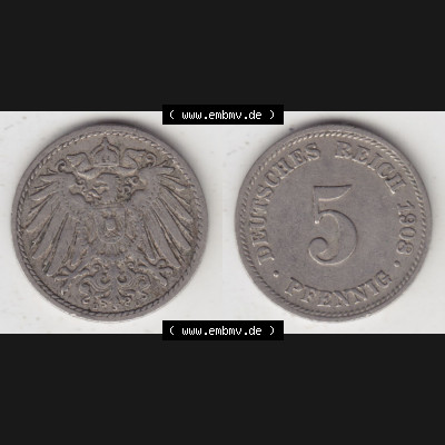 Münzen Deutschland 1871-1918 Kaiserreich 1890-1915, 5 Pfennig D, 1908 (3) Sammlung