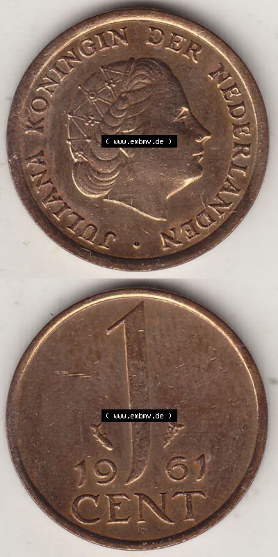 Münzen Niederlande / Netherlands Eurovorläufer, Umlaufmünze vor Euroeinführung 1950-1980, 1 Cent 1961 (Stück 2) Königin... Sammlung