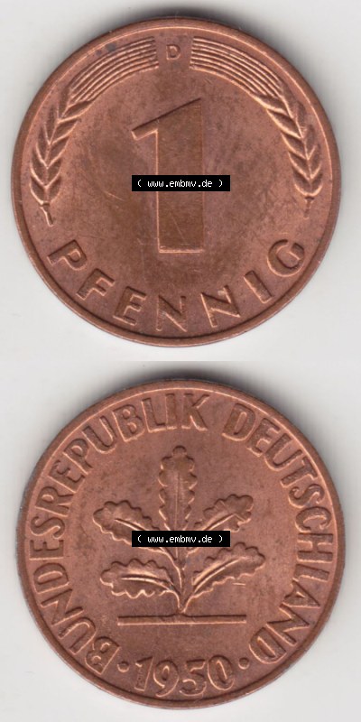 Münzen Deutschland 1 Pfennig-Deutsche Mark 1950-2001, 1 Pfennig 1950 D. Rückseite und Vorderseite in vertikaler Ansicht für... Sammlung