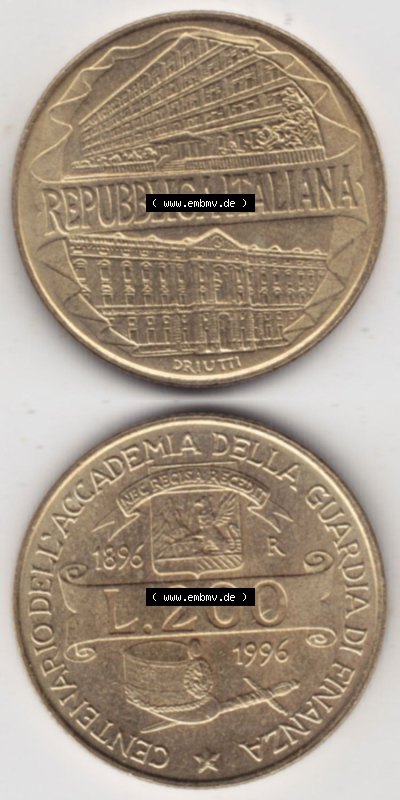 Münzen Italien / Italia Eurovorläufer, Gedenkmünze vor Euroeinführung 1996-1996, 200 Lire Zollakademie. Rückseite und Vorderseite... Sammlung