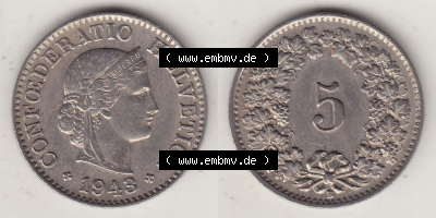 Münzen Schweiz Eurovorläufer, Umlaufmünze 1879-1980, 5 Rappen 1943 (Stück 2) Helvetica (3) Sammlung