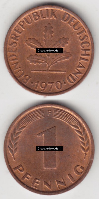 Münzen Deutschland 1 Pfennig-Deutsche Mark 1950-2001, 1 Pfennig 1970 F. Vorderseite und Rückseite in vertikaler Ansicht, einer... Sammlung