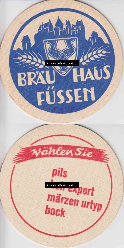 Bierdeckel 1980 Bräu-Haus Füssen, wählen Sie Pils, Hell Export, Märzen Urtyp, Bock (3) Sammlung