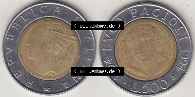 Münzen Italien / Italia Eurovorläufer, Gedenkmünze vor Euroeinführung 1994-1994, 500 Lire, 500. Geburtstag von Luca Pacioli... Sammlung