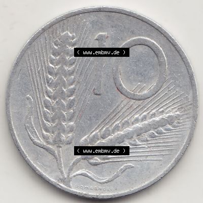 Münzen Italien / Italia Eurovorläufer, Umlaufmünze vor Euroeinführung 1951-2001, 10 Lire 1955-2. Rückseite einer Münze aus Europa als Digitales Bild... Sammlung