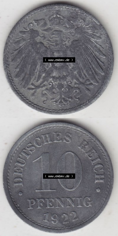 Münzen Deutschland 1918-1932 Weimarer Republik 1917-1922, 10 Pfennig 1922 (4) Sammlung