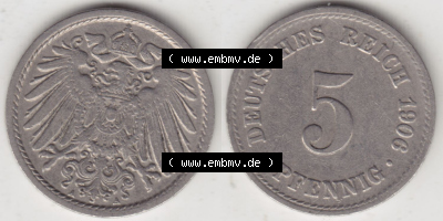 Münzen Deutschland 1871-1918 Kaiserreich 1890-1915, 5 Pfennig A, 1906 (3) Sammlung