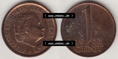 Münzen Niederlande / Netherlands Eurovorläufer, Umlaufmünze vor Euroeinführung 1950-1980, 1 Cent 1962 Königin Juliana, alte... Sammlung