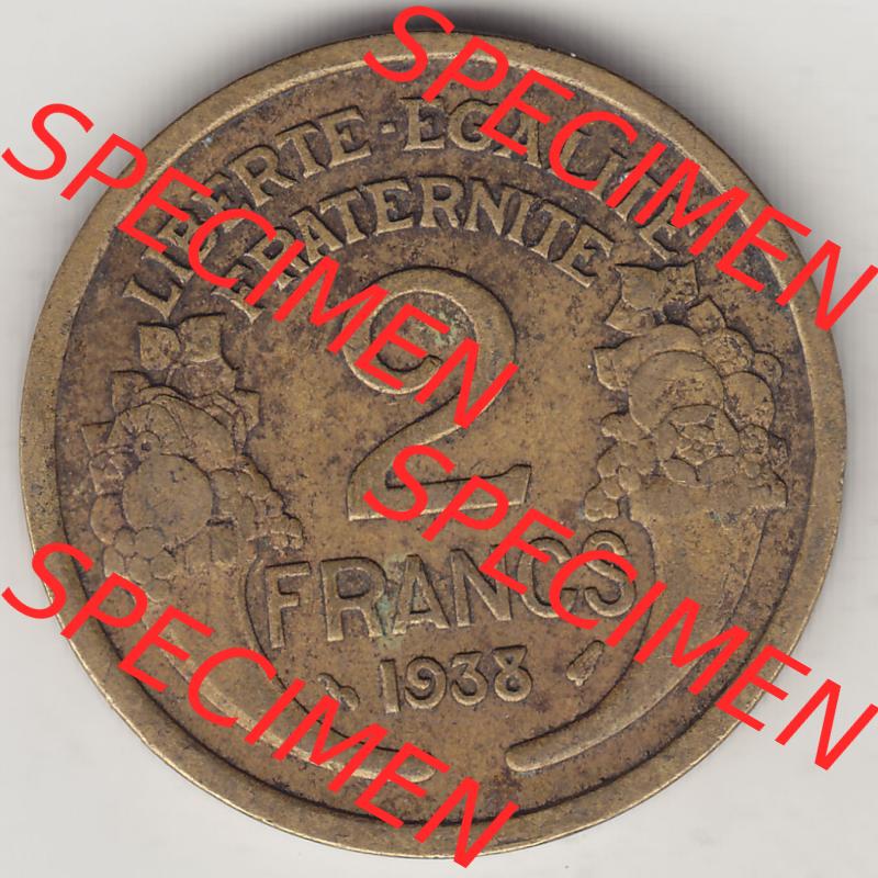 Münzen Frankreich Eurovorläufer, Umlaufmünze vor Euroeinführung 1931-1941, 2 Franken 1938-2 LIBERTE EGALITE FRATERNITE. Rückseite einer Münze aus Frankreich... Sammlung