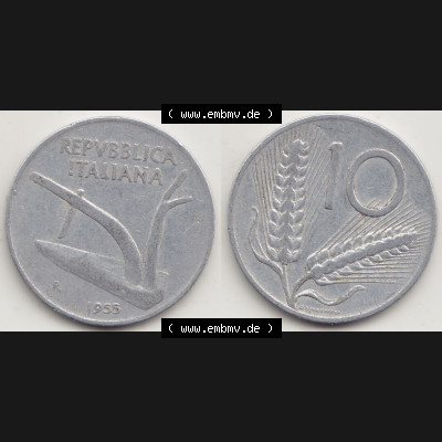 Münzen Italien / Italia Eurovorläufer, Umlaufmünze vor Euroeinführung 1951-2001, 10 Lire 1955-1. Vorderseite und Rückseite Nebeneinander einer Münze... Sammlung