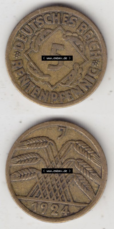 Münzen Deutschland 1918-1932 Weimarer Republik 1923-1924, 5 Rentenpfennig J, 1924 (4) Sammlung
