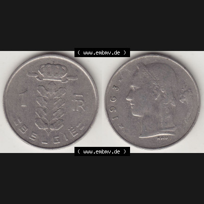 Münzen Belgien Eurovorläufer, Umlaufmünze vor Euroeinführung 1950-1988, 1 FR-Franken 1963 België. Vorderseite und Rückseite Nebeneinander einer Münze... Sammlung