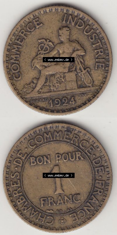 Münzen Frankreich Eurovorläufer, Umlaufmünze vor Euroeinführung 1920-1927, 1 Franken BON POUR 1 FRANC 1924 (Stück 2). Vorderseite... Sammlung
