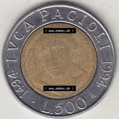 Münzen Italien / Italia Eurovorläufer, Gedenkmünze vor Euroeinführung 1994-1994, 500 Lire, 500. Geburtstag von Luca Pacioli (1494-1994)-1.... Sammlung
