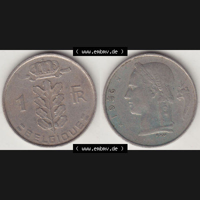 Münzen Belgien Eurovorläufer, Umlaufmünze vor Euroeinführung 1950-1988, 1 FR-Franken 1956 Belgique. Vorderseite und Rückseite Nebeneinander einer Münze... Sammlung