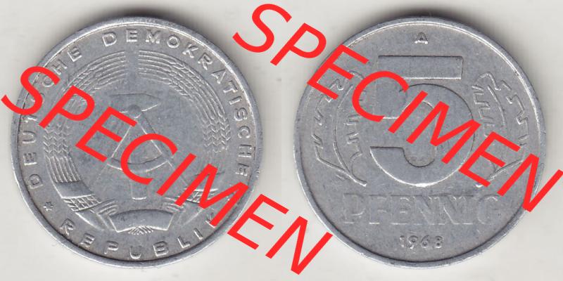 Münzen Deutschland DDR 1968-1990, A 5 Pfennig 1968-1. Vorderseite und Rückseite einer Münze auf einen Bild, einer 5 Pfennig Münze der ehemaligen DDR in Europa als... Sammlung