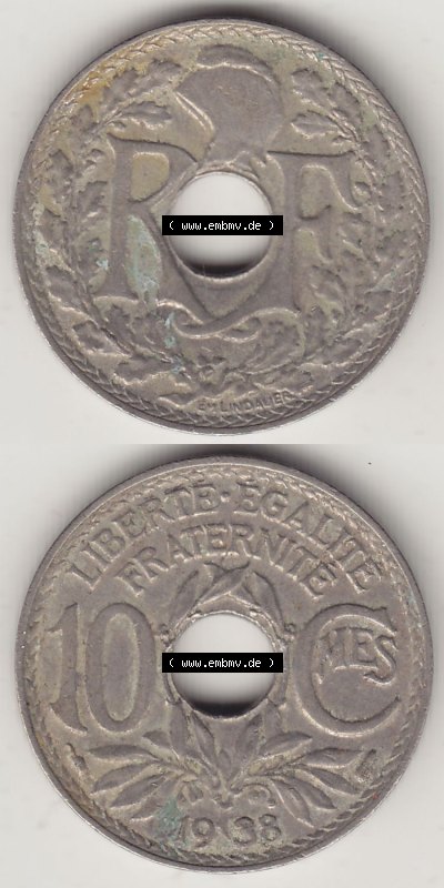 Münzen Frankreich Eurovorläufer, Umlaufmünze vor Euroeinführung 1917-1938, 10 Centimes - Cmes 1938 (Stück 2). Vorderseite... Sammlung
